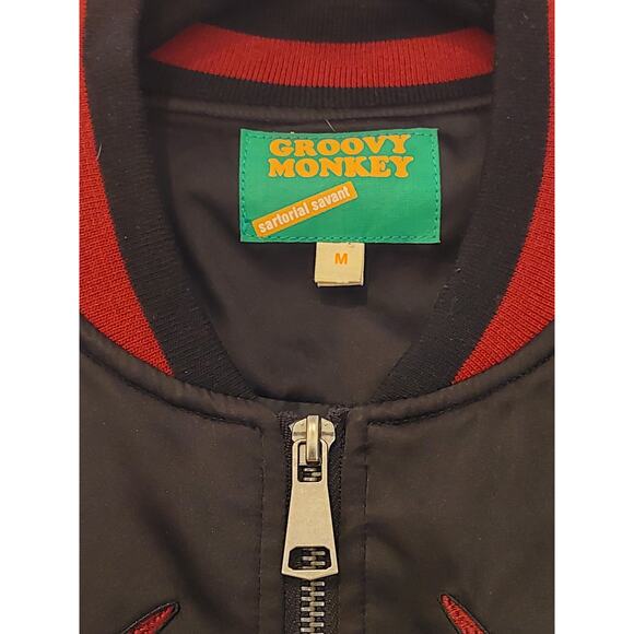 Groovy Monkey Black/Gray Satin Bomber Jacket w/Embroidered Hummingbirds, Medium - Picture 4 of 8